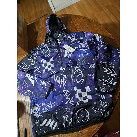 New Med Reason Galaxy Hoodie Mesh Line Anorak Jacket Windbreaker Purple Black - Picture 4 of 5